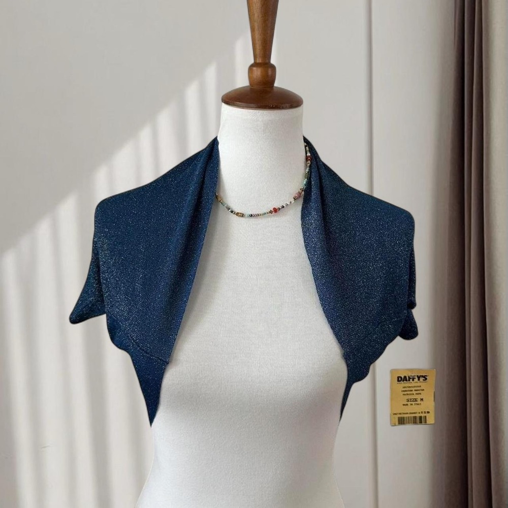 Patrizia Pepe Blue Metallic Lurex Shrug Bolero Cowl Neck Made in Italy Size 44 M